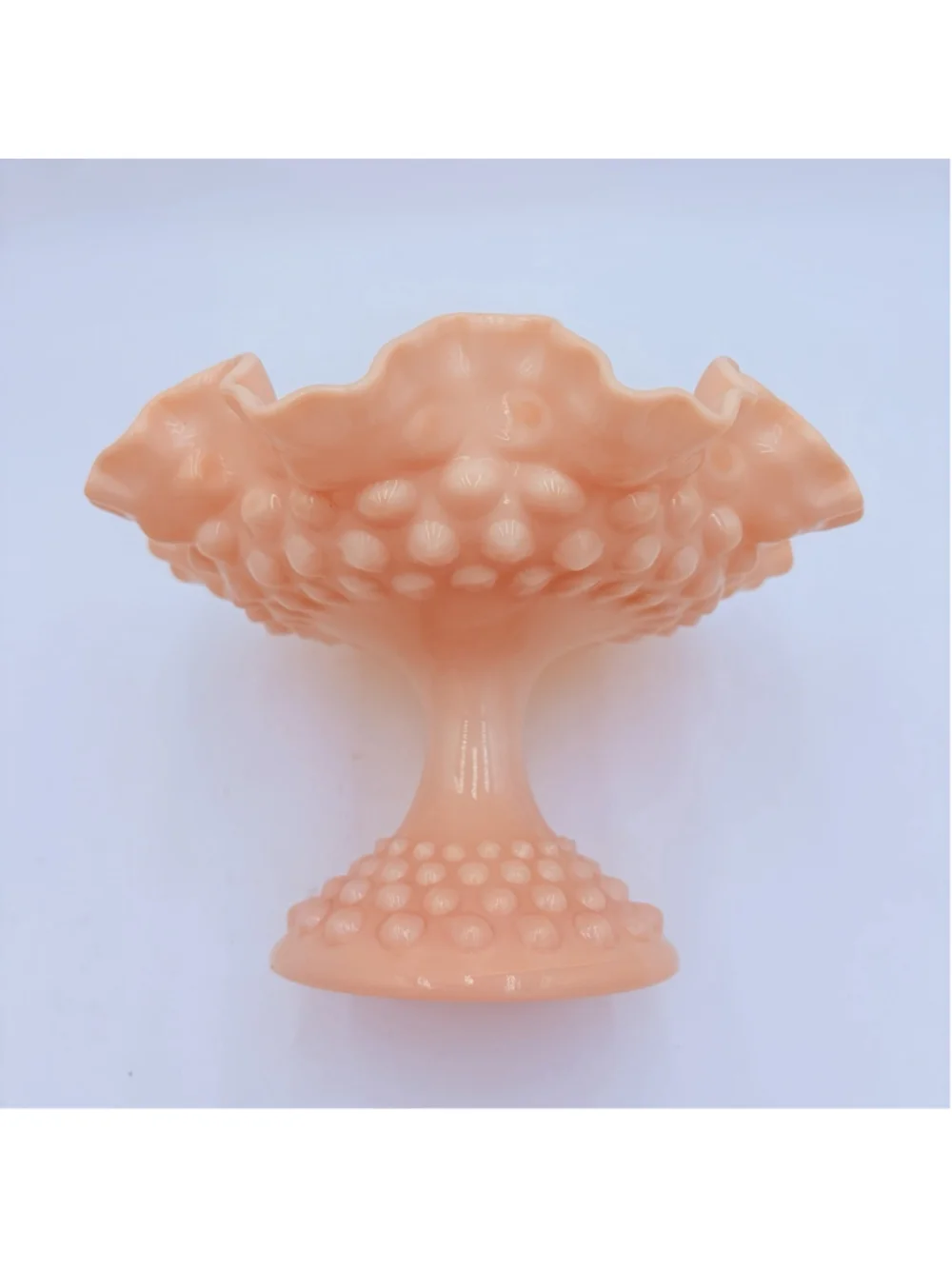 Rare FENTON Rose Pastel Pink HOBNAIL Milk Glass Ruffled Compote 3920 1954